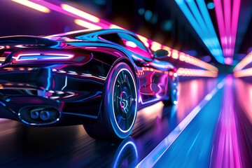 Fototapeta premium car driving on cyberpunk city street vector neon 3d rendering