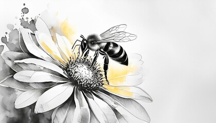 Honey Bee on a yellow flower, Watercolor, fantasy, white background, black and white ink,fleur, insecte, abeille, nature, mouche, jaune, macro, frelon, été, printemps, animal, jardin, blaireau, plante