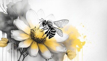 Honey Bee on a yellow flower, Watercolor, fantasy, white background, black and white ink,fleur, insecte, abeille, nature, mouche, jaune, macro, frelon, été, printemps, animal, jardin, blaireau, plante