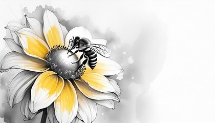 Honey Bee on a yellow flower, Watercolor, fantasy, white background, black and white ink,fleur, insecte, abeille, nature, mouche, jaune, macro, frelon, été, printemps, animal, jardin, blaireau, plante