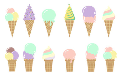 Ice cream cone flat retro style collection. Simple ice cream dessert illustrations.
