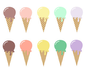 Ice cream cone flat style collection. Simple retro ice cream dessert illustrations.