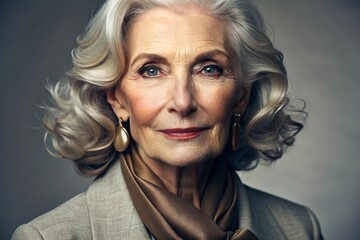 Minimalism. A studio portrait of a stylish, elegant elderly woman, a pensioner of 70 years old, in an interior and clothes of calm tones. The concept of the elderly.