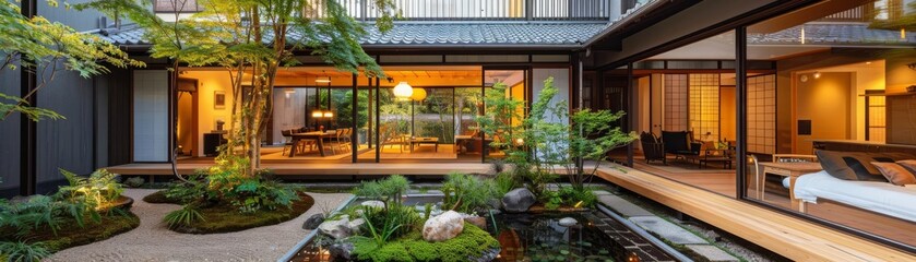 Elegant and serene setting inside a Japanese home, showing the harmony of indoor and outdoor spaces with natural lighting