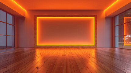 Spacious room with a wooden floor and a blank wooden frame lit by an orange light border.