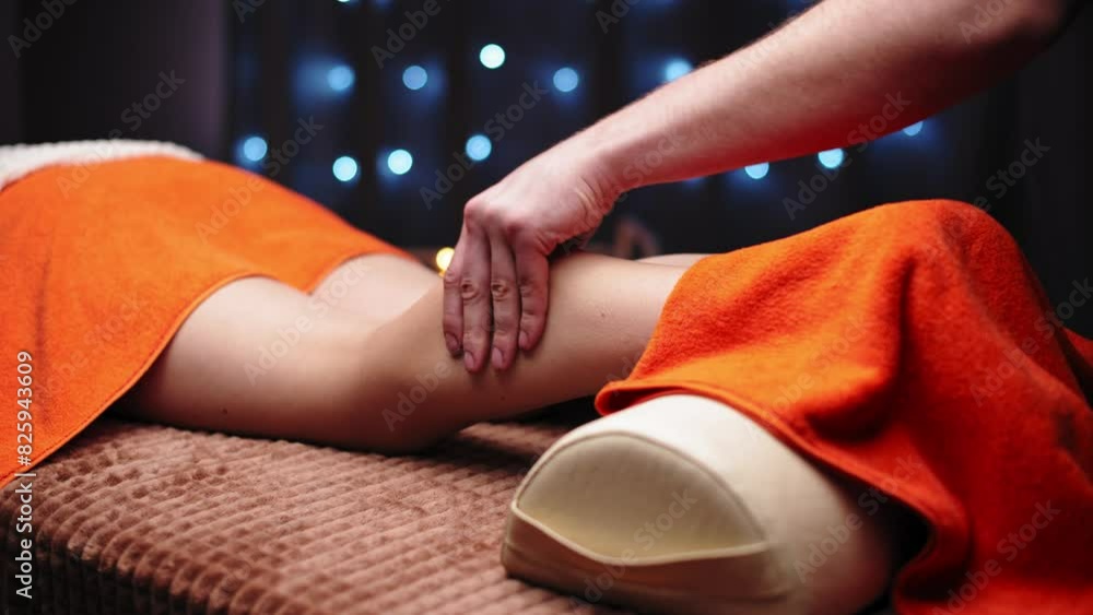 Wall mural Massage stroking the ankle muscles in a professional office in a shallow depth of field.