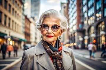 Fototapeta premium Portrait of a stylish, fashionable elderly woman, a pensioner of 70 years old, on the street with glasses and clothes in calm beige tones. The concept of the elderly.