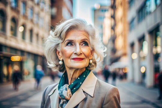Portrait of a stylish, fashionable elderly woman, a pensioner of 70 years old, on the street with glasses and clothes in calm beige tones. The concept of the elderly.