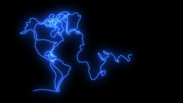 Self drawing animation one continuous line draw, logo,world map, Blazing  blue or green flame, energy