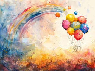 A whimsical watercolor painting of a cyclone lifting colorful balloons toward a vibrant rainbow in a fantasy setting, styled with fauvist bold colors and dadaist abstract elements