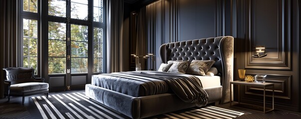A luxury bedroom with dark charcoal walls and a bed with an elegant grey velvet headboard. A charcoal and grey striped rug under the bed and charcoal velvet curtains frame the large windows.