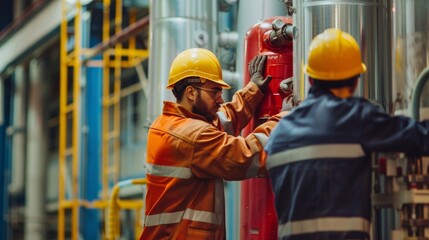 One worker is seen carrying a large fire extinguisher while another attaches it to a designated location on a wall.