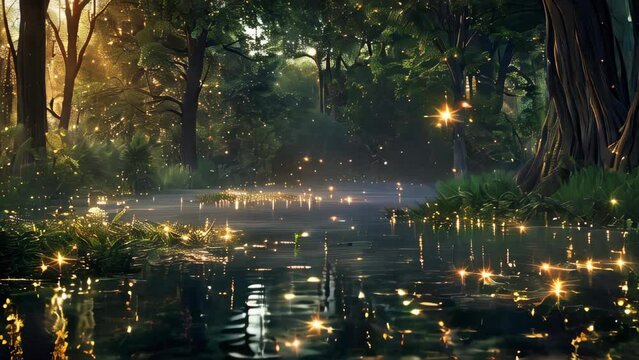 A magical fantasy forest with fireflies and glowing flowers