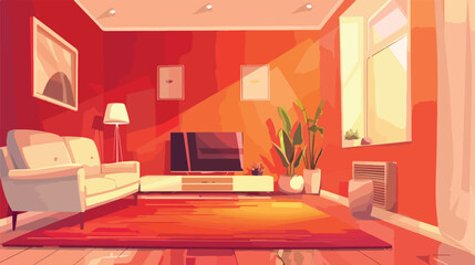Living room interior with red wall tv and couch background