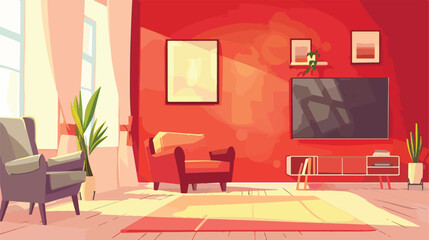 Living room interior with red wall tv and couch background