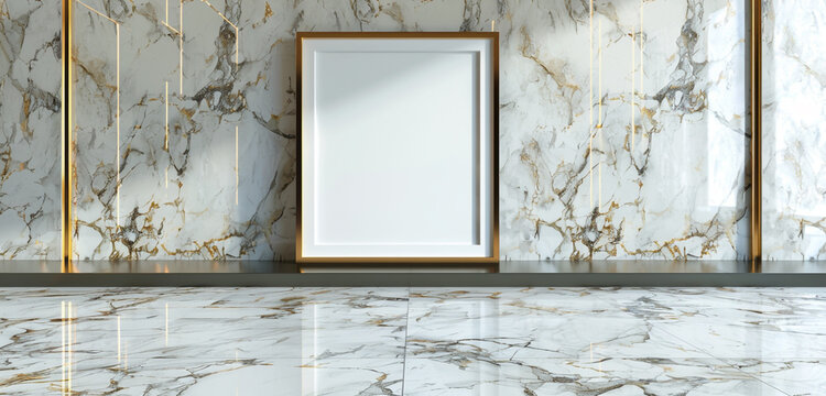 Modern exhibition room with a 3D empty frame on an elegant Calacatta Oro marble floor.