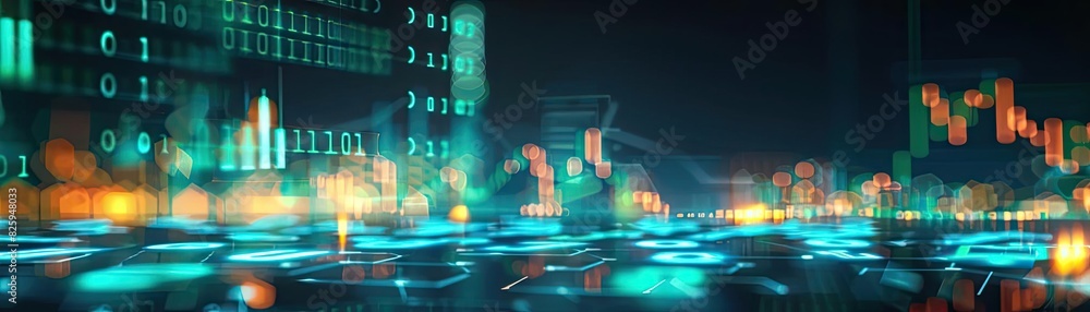 Poster abstract futuristic digital landscape with glowing lights and technological elements, representing d