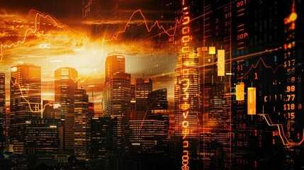 Fototapeta premium Stunning cityscape at sunset with financial data overlay and digital graph elements, reflecting economic growth and futuristic urban beauty.
