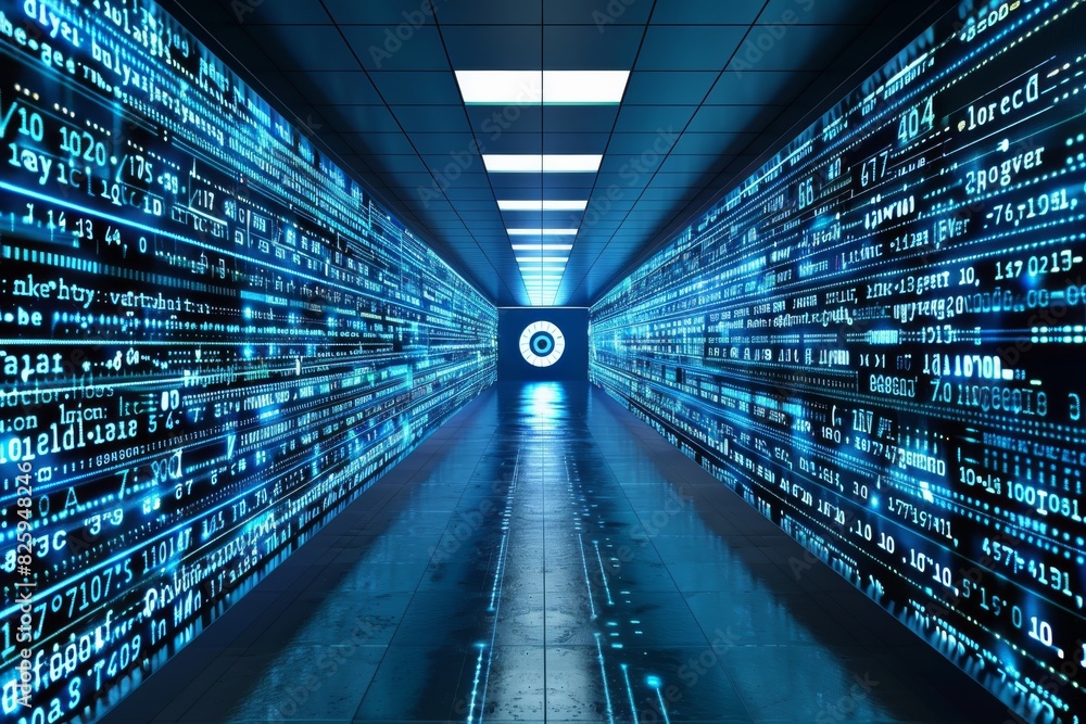 Poster digital data streams flowing through a futuristic corridor, reflecting rapid information exchange an