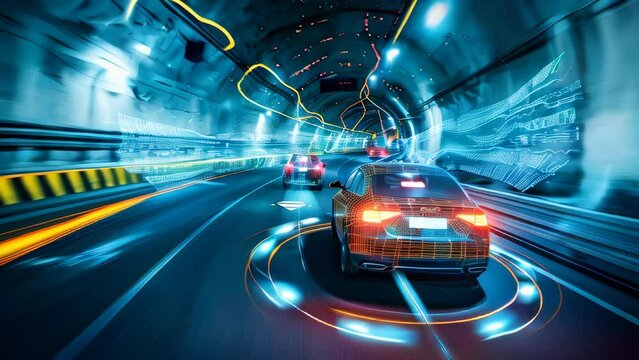 Self driving vehicles in an underground tunnel. Concept of integration of Ai technology in traffic control.