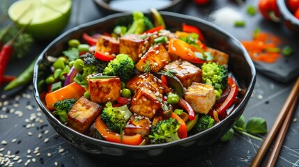 Vegan stir-fry with tofu and vegetables --ar 16:9 Job ID: 9e7996dd-e9f9-486b-9b00-ca8d43137aba