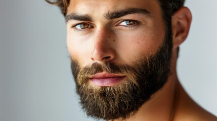 Obraz premium Close up of a man with a beard, showcasing facial features and beard style