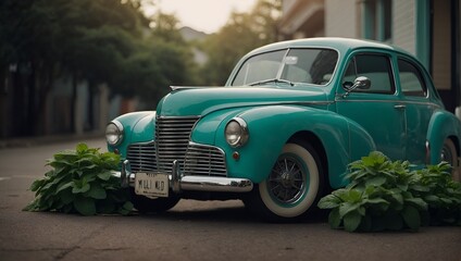 old car on the street, seagreen colour car, car in street, car on the road, old car is beautiful, car with mint plants, mint plants