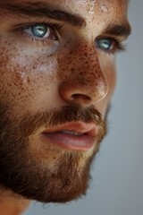 Obraz premium Close-up portrait of a young man with freckled hair and striking blue eyes