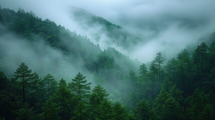 A misty mountain landscape rain clouds hanging low and soft rain nourishing the greenery