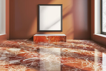 Modern exhibition room with a 3D empty frame on an elegant Rosso Verona marble floor.