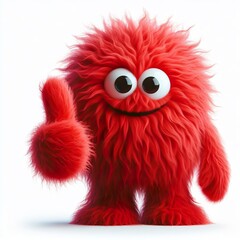 Red monster that is Very very soft and fuzzy. giving thumbs up, white background