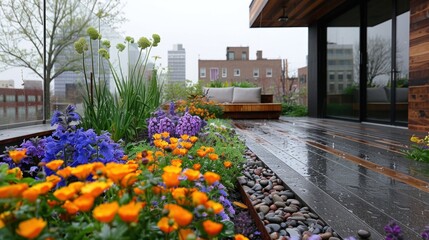 A tranquil rooftop garden in the rain, the plants and flowers refreshed and vibrant
