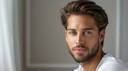 Obraz premium Close up portrait of a handsome young man with a beard wearing a crisp white shirt