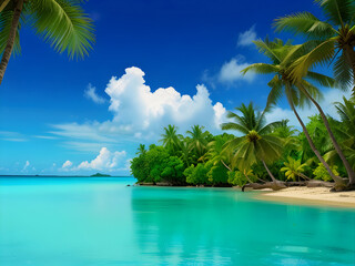 Palm trees, clouds, paradise in the sea, and a view of relaxation