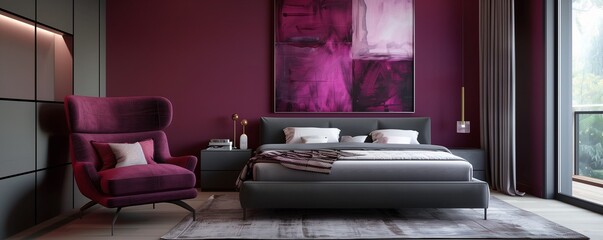 A luxury bedroom with walls in a deep magenta and a sleek