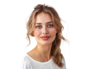 A close-up portrait of a young caucasian woman featuring her blue eyes, wavy hair, and a subtle smile with a white top