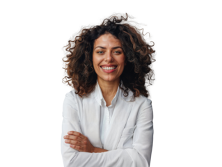 A confident woman with curly hair smiles brightly, arms crossed wearing a clean white shirt against a white background