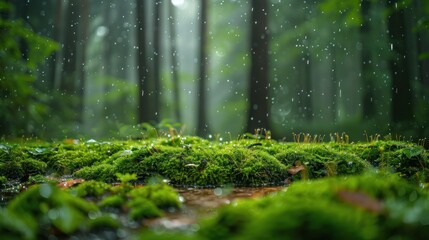 Fototapeta premium A peaceful forest glade with raindrops falling softly on moss-covered stones and fallen leaves