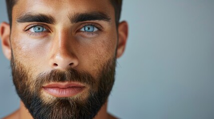 Obraz premium Close-up view of a handsome young man with a beard and striking blue eyes