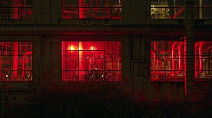 Glowing red lights illuminate the windows of a chemical plant at night.