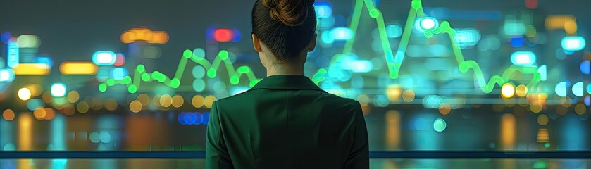 Businesswoman observing city skyline at night with financial data overlay, symbolizing stock market analysis and urban business growth.