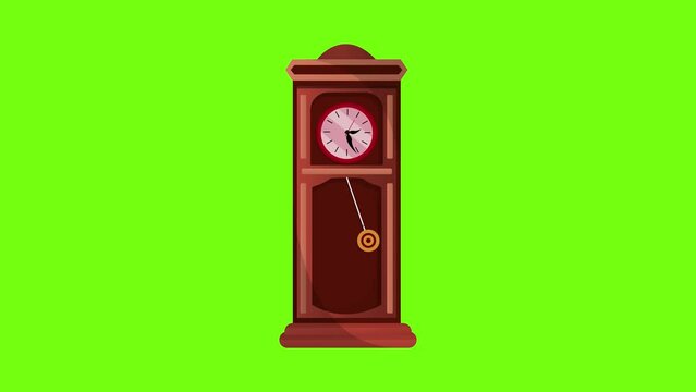 Animation of antique pendulum clock, wood cartoon clock with a pendulum animated 4k video on green screen background