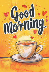 Cute cartoon drawing of sun and heart on top with coffee cup below, "Good morning" written in lettering above illustration, in clip art style with simple drawings