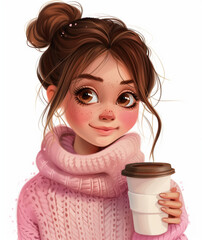 cartoon girl with brown hair in bun, pink sweater drinking coffee