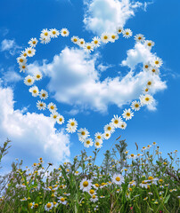 The blue sky is covered with white clouds, and the flowers in front of you form an irregular heart shape.