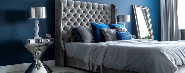 A luxury bedroom with walls in rich sapphire blue