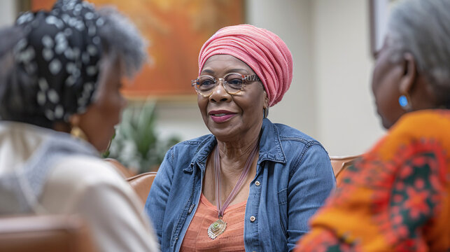 Old women hosting a support group for cancer patients