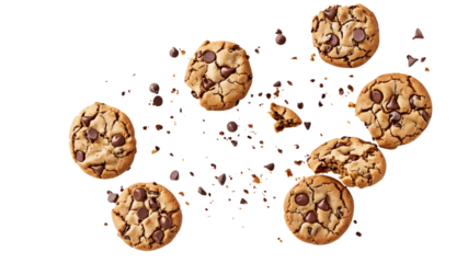 Flying Chocolate Chip Cookies with Crumbs, chocolate chip cookies png, chocolate chip png