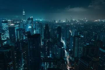 Fototapeta premium City Skyline at Night: Aerial View of Illuminated Skyscrapers
