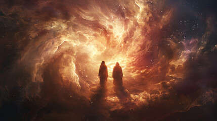 Shadrach, Meshach, and Abednego in the fiery furnace, depicted within a swirling nebula, highlighting their faith amidst trials, with copy space